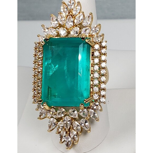 Signed Princess Doublet Natural Emerald with CZ 18KGL Size 9 Cocktail Ring - Picture 4 of 16